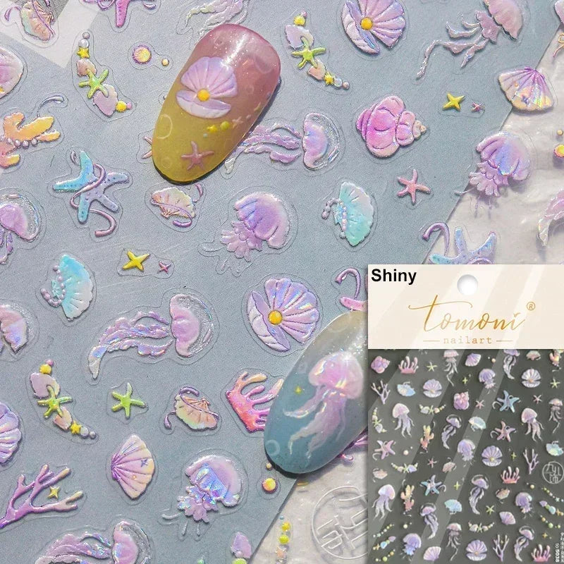 Sea Wave Jellyfish Starfish Conch Shell Dolphin Pearl Summer Beach Goldfish Water Bubble Mermaid Koi INS Nail Art Stickers Decal