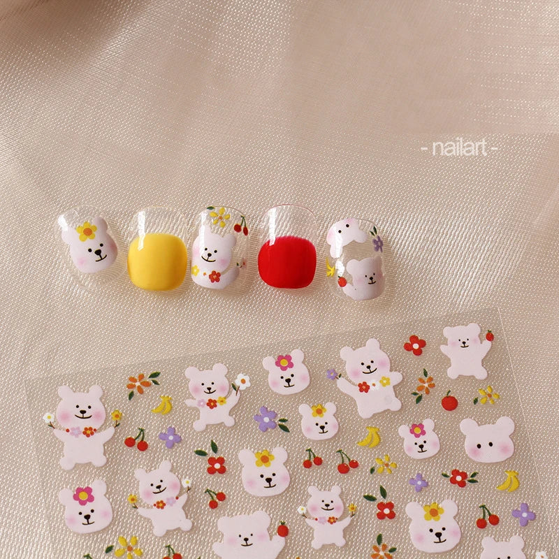 Cute Cartoon Nail Art Stickers, Bear Rabbit Flowers Panda Designs, Adhesive Decals for Nails Manicure Decoration