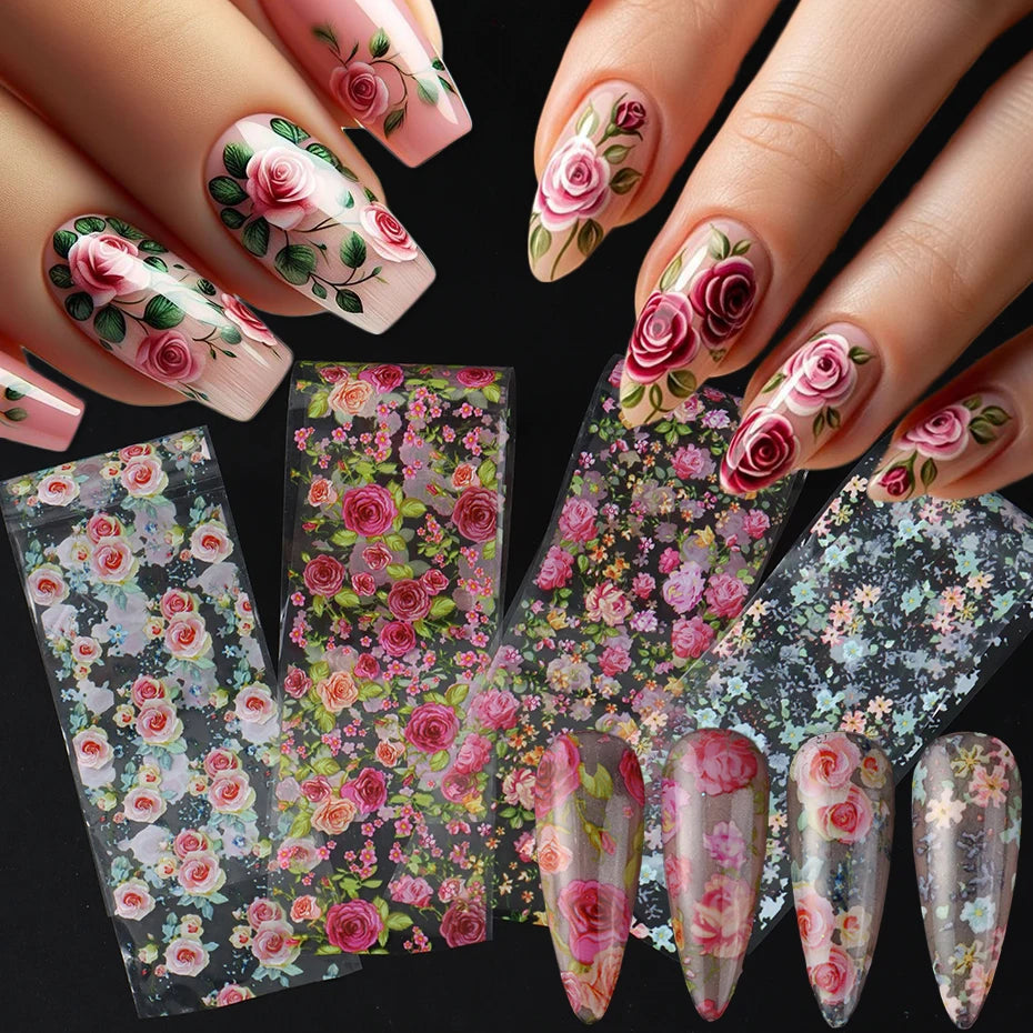 4Style Rose Flower Nail Foil Transfer Sticker - Elegant Flower Starry Sky Paper Spring/Summer Floral Decals for Wedding Nail art