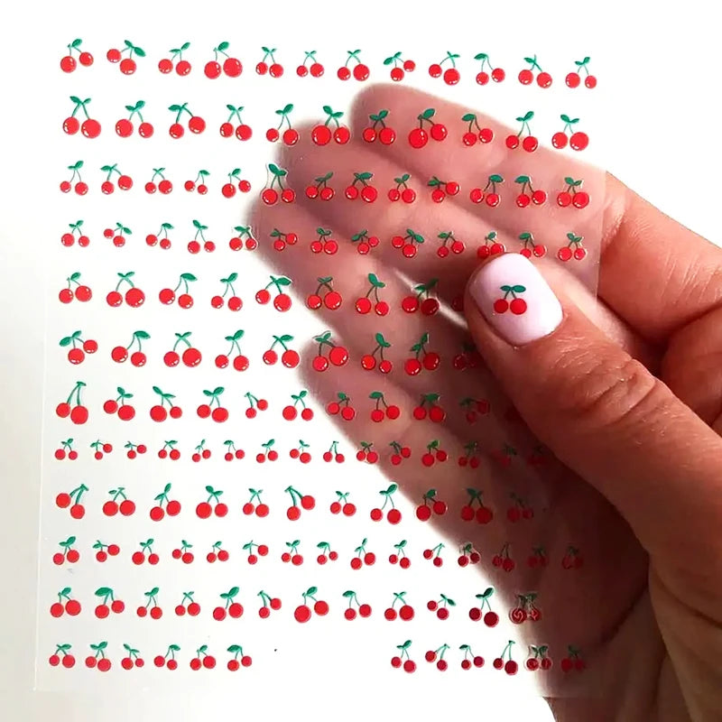 1sheet 3D Sweet Cherry Fruit Nail Art Stickers Summer Peach/Lemon/Star/Moon Nail Decals 8*10cm Adhesive Red Cherry Nail Decor