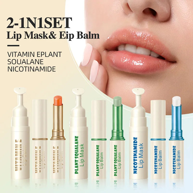 Dk'De Lip Balm+Lip Mask 2in1 Set | Moisturizing, Soothing, and Long-Lasting Hydration | 3 Colors Available for Selection | Night Repair Lip Wrinkle Reduction | Daytime Lip Care to Prevent Chapped Lips