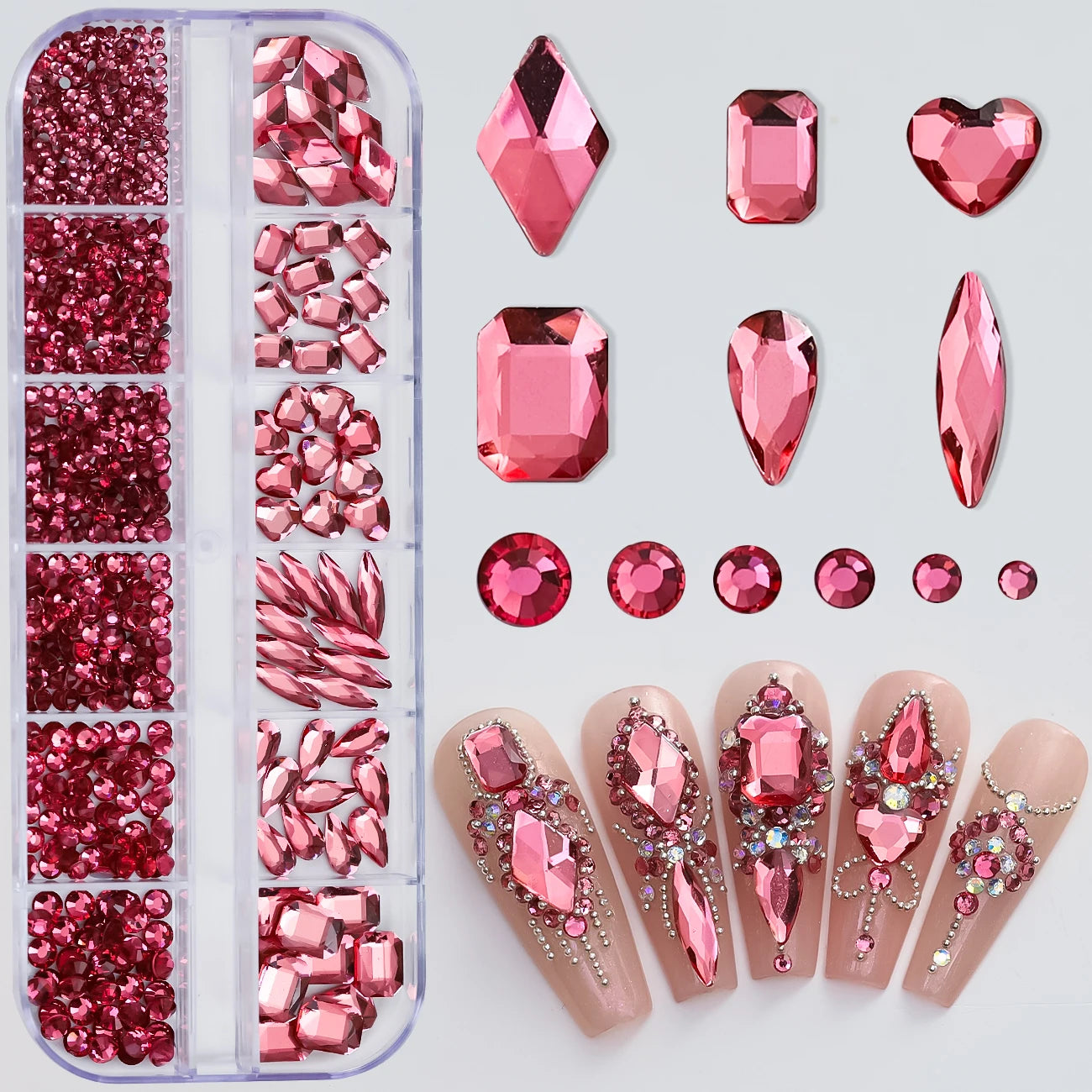 12Grids Pink Mixed Nail Rhinestones Luxury Nail Charms Glitter Crystal Jewelry Gems Nail Art Decoration DIY Manicure Rhinestones