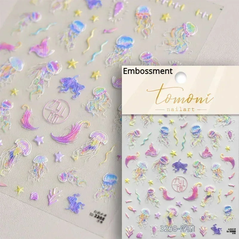 Sea Wave Jellyfish Starfish Conch Shell Dolphin Pearl Summer Beach Goldfish Water Bubble Mermaid Koi INS Nail Art Stickers Decal
