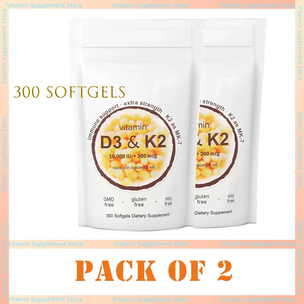 Vitamin D3 K2 10000 IU 300 Coconut Oil Softgels, 2 in 1 Vitamins Supplement D & K (MK7) Supports Calcium Absorption, Bone Health