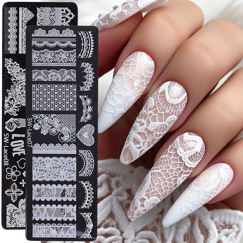 4pc Lace Flower Nail Art Stamping Plates 3D French Bow Rose Polish Printing Template Plate Floral Nail AStencils Manicure Tools