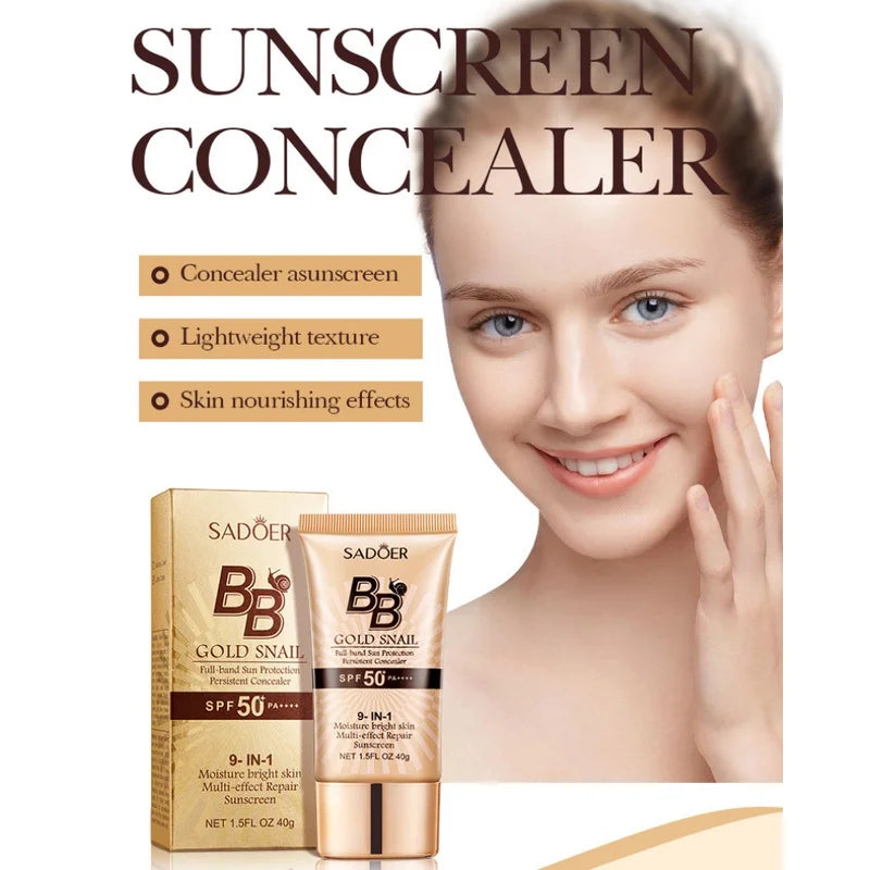 SADOER Gold Snail Sunscreen BB Cream Foundation Concealer Moisturizing Isolation Cream SPF50+PA+++ 40g