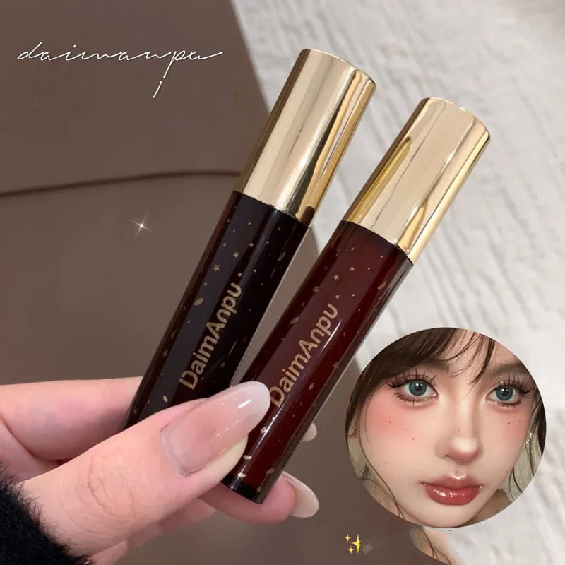 Retro Clear Lip Glaze Gloss Mirror Glitter Non Stick Cup Brighten Jelly Dark Lipstick Red Brown Dupes Lip Ink Tint Korean Makeup