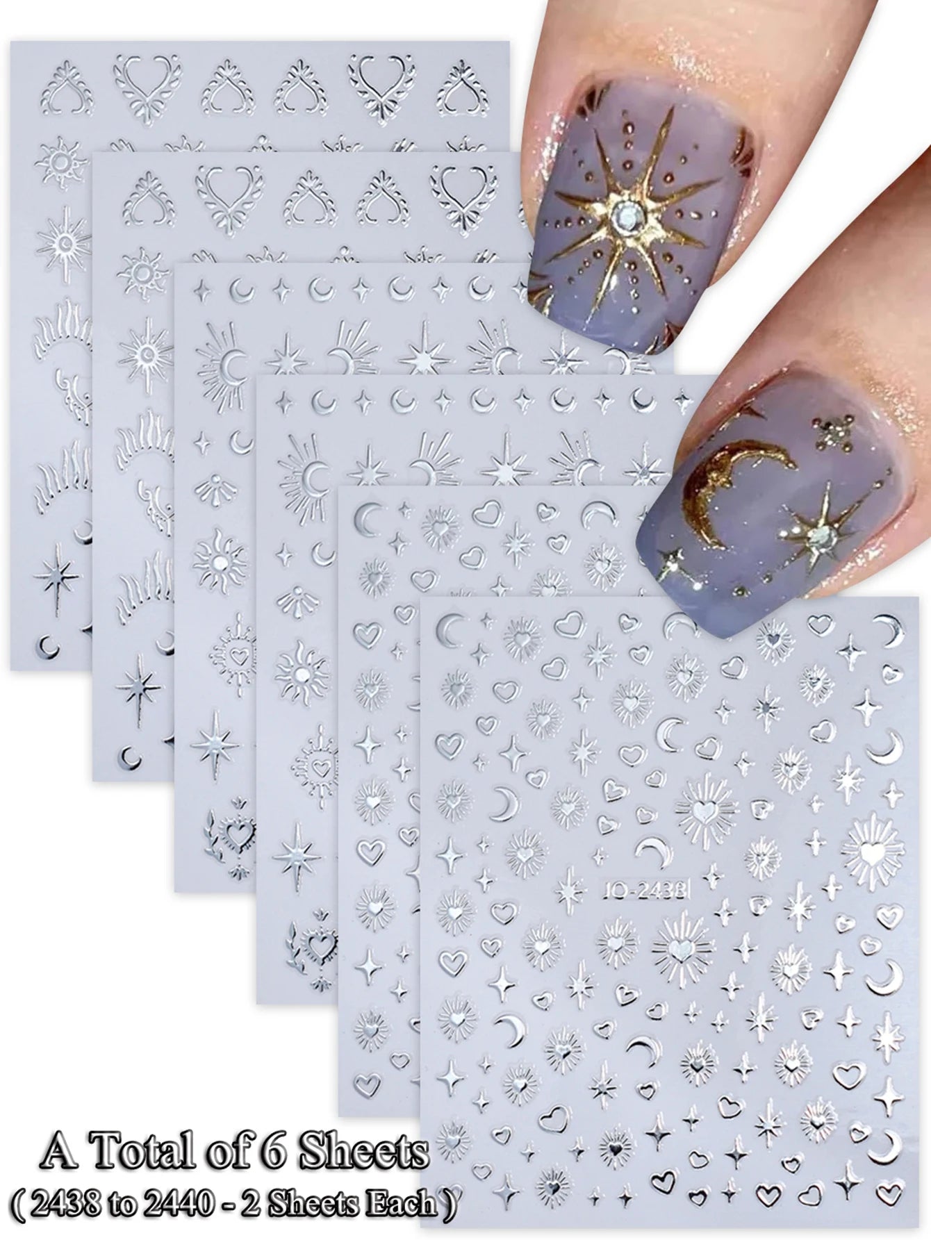 6/12 Sheets Gold & Silver Star, Moon & Heart Nail Stickers, Self-Adhesive 3D Nail Art Decals for DIY Manicure Decoration