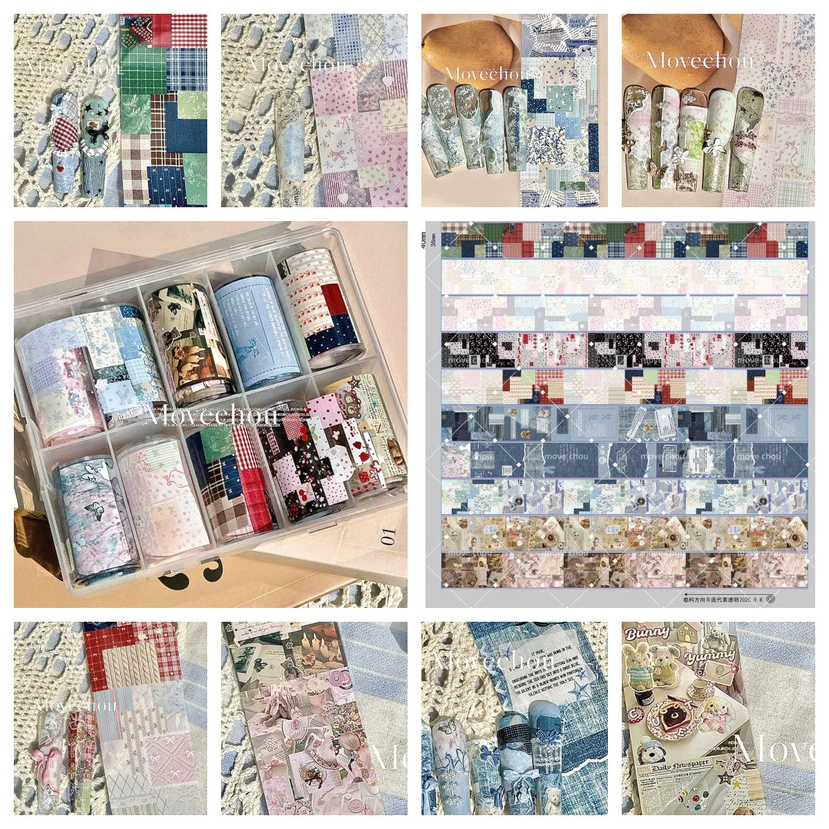 10Rolls Plaid Thousand-Bird Bow Stars Nail Foils Transfer Paper Nail Art Stickers Manicure Set Decal Nails Decoration