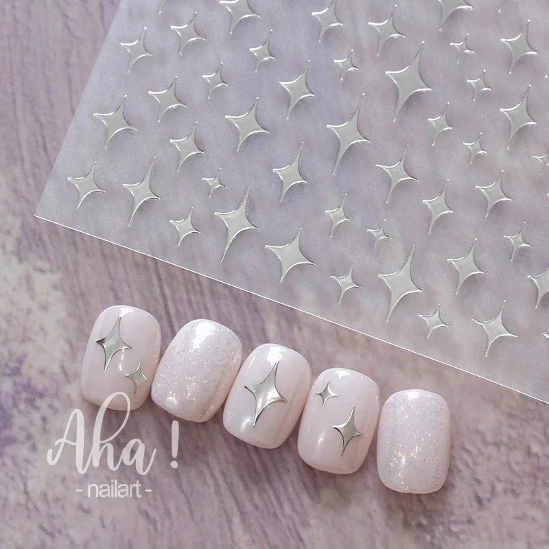 1Pcs Star/Moon/Cross Nail Art Stickers Gold/Silver Holographic Star Nail Decals Self-Adhesive 3D Manicure Decor