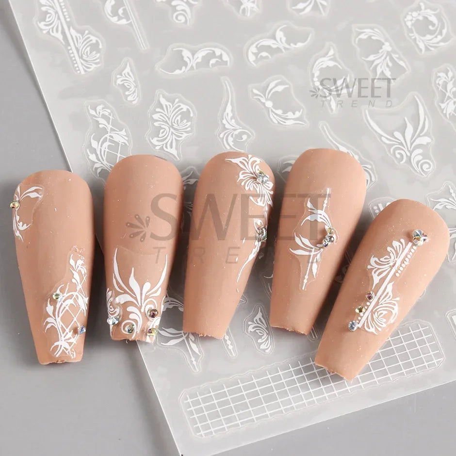 White Lace Flower Nail Art Sticker Acrylic Floral Charm Adhesive Sliders Elegant Wedding Bride Simple Line Design Manicure Decal