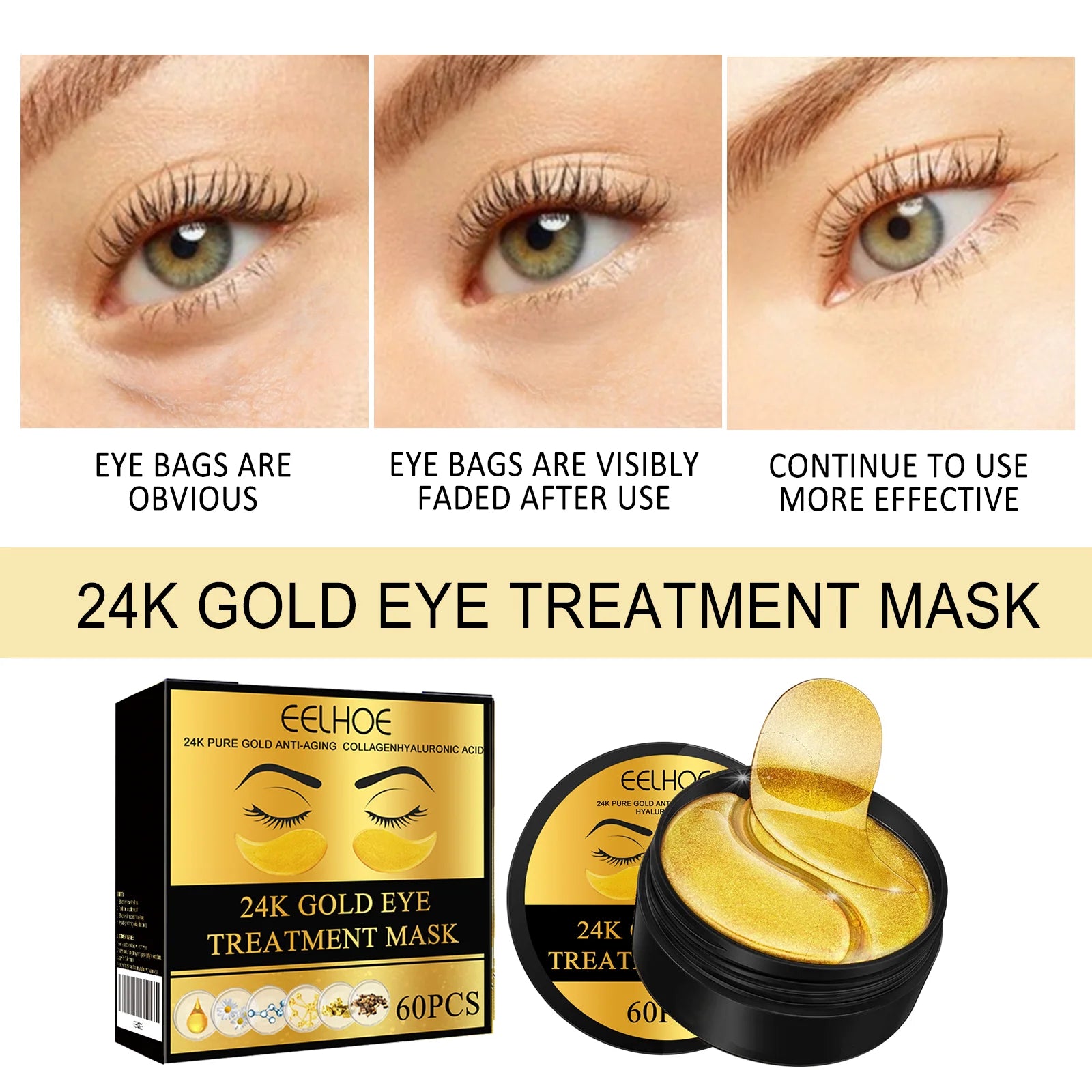 60PCS 24K Gold Eye Mask Anti Dark Circles Removal Eyes Bags Moisturizing Firming Eye Patches Eyes Skin Care Products
