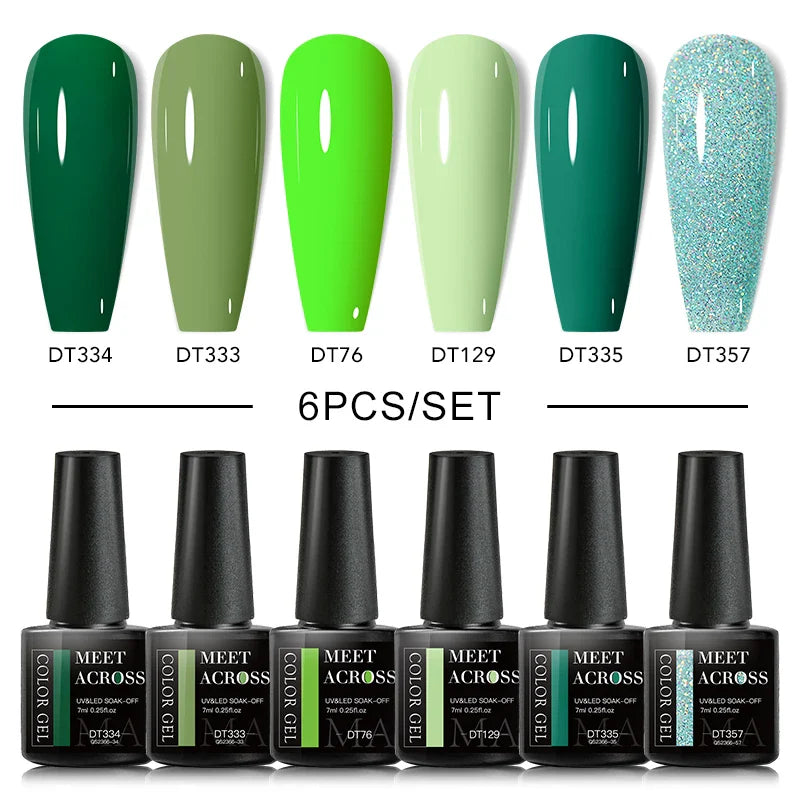 MEET ACROSS 6PCS/SET Macaron Series Gel Nail Polish Set Glitter Semi Permanent UV Nail Kit Base Matte Top Coat Nail Art Manicure