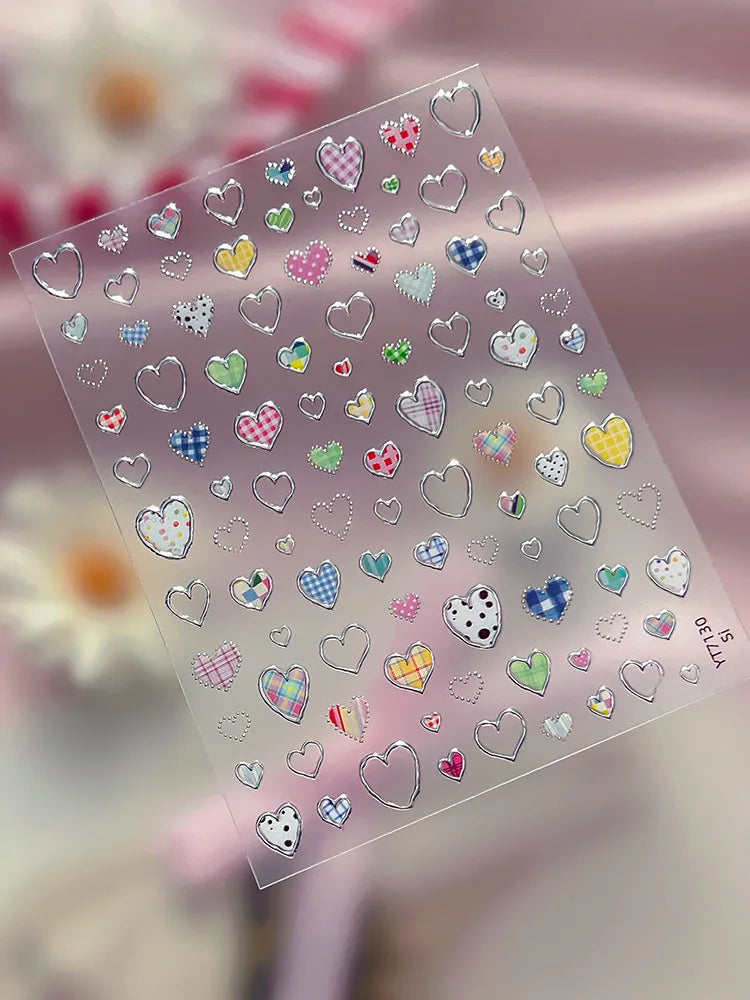 Silver-embossed Heart-shaped Nail Stickers Valentine's Day Colorful Checkered Nails Art Sticker Decorations DIY 3D Nails Decals