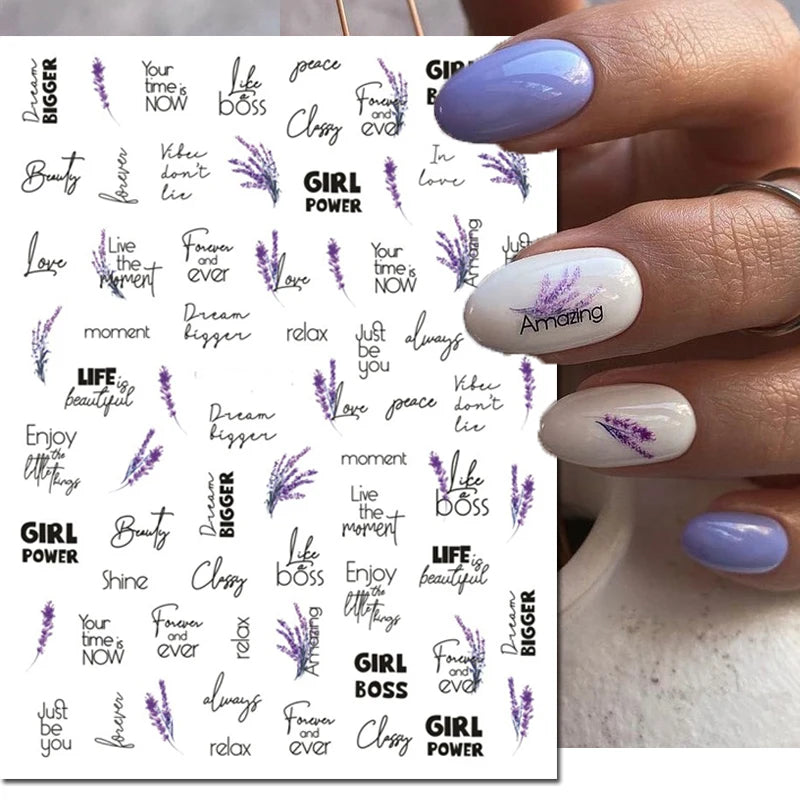 3d Nail Art Decals Watercolor Florals Purple Green Pink Flowers Leafs Fruit Adhesive Sliders Nail Stickers For Manicure