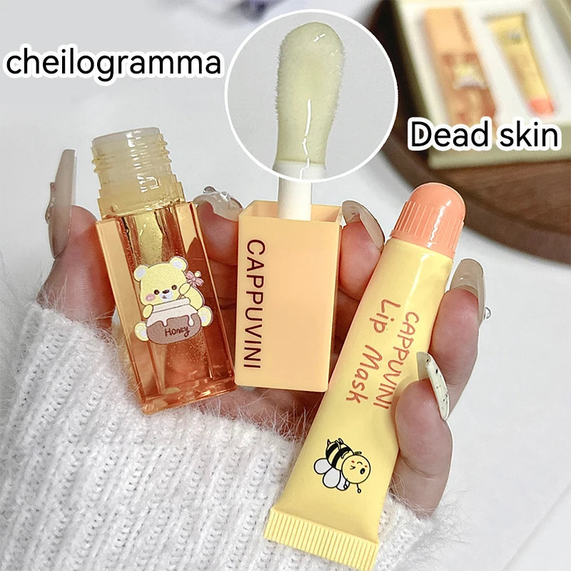 Cappuvini Honey Lip Care Set | Lip Wrinkle Reduction Softening Dead Skin Exfoliating | Mild Ingredients Non-Irritating Moisturizing Lip Oil Lip Mask | For Students