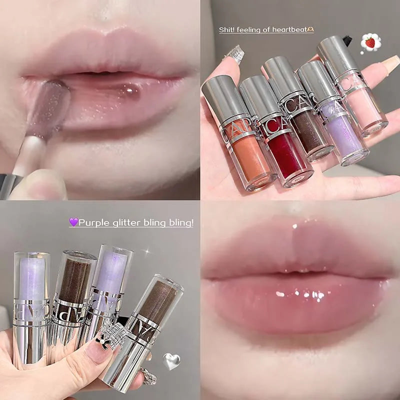 Mirror-like, moisturizing glass lip gloss with long-lasting, clear, plumping, and lip line-reducing properties. Lip gloss.
