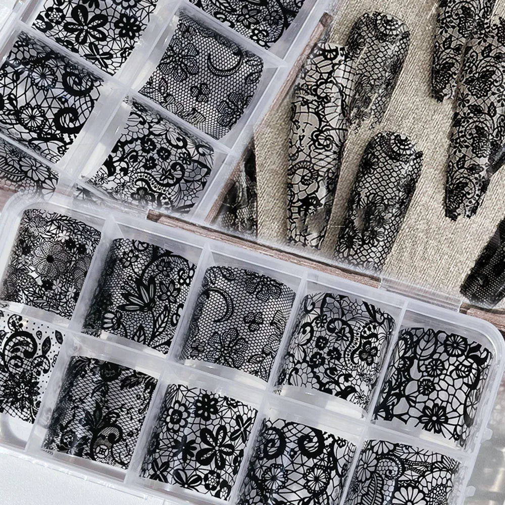 10Rolls/box White&Black Sexy Lace Flowers Nail Art Foils 4x25cm Lace Transfer Foils Starry Sky Paper DIY Women Lace Slider&*&