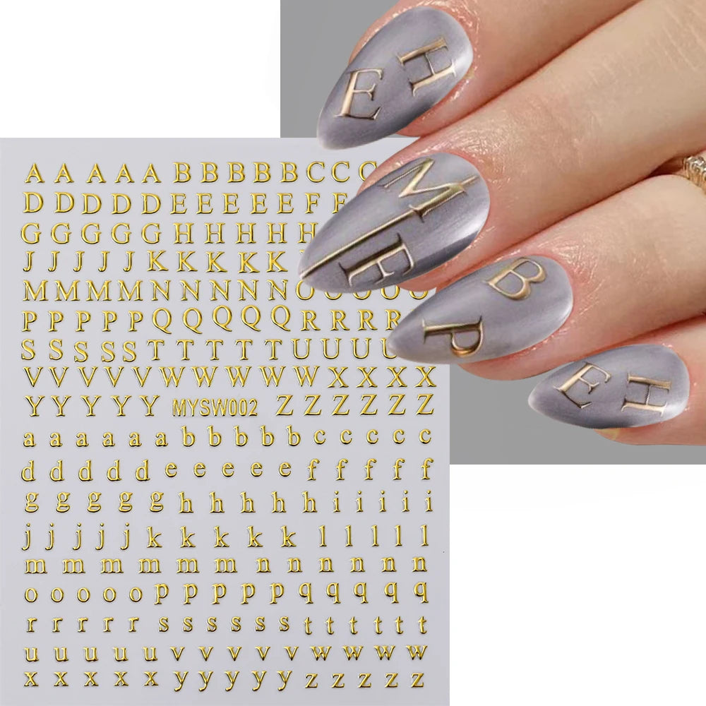 1Pc 3D Roman Letter Nail Stickers Gold/Silver/Black/Laser Alphabet Self Adhesive Decal Y2K English Words/Number Manicure Sliders