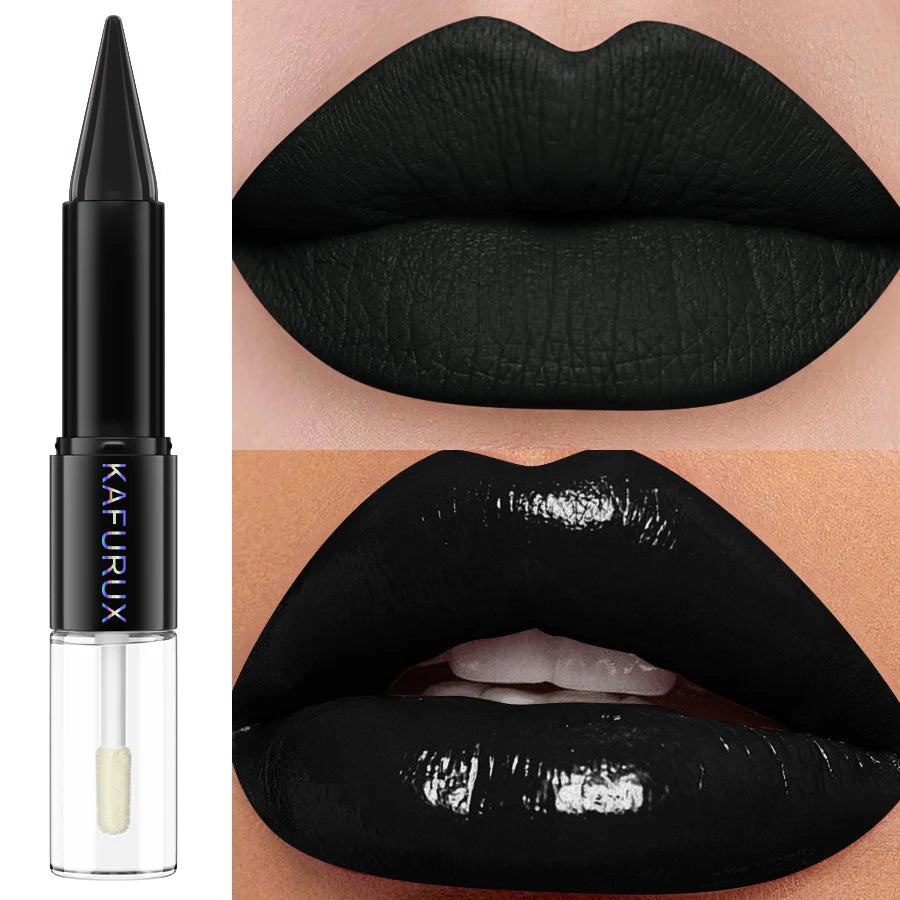 Black Matte 2 In 1 Double Head Lipstick Lip Coat Set Waterproof Coat 24HR Korean Makeup Gifts High Pigment Lip Tint Plumper