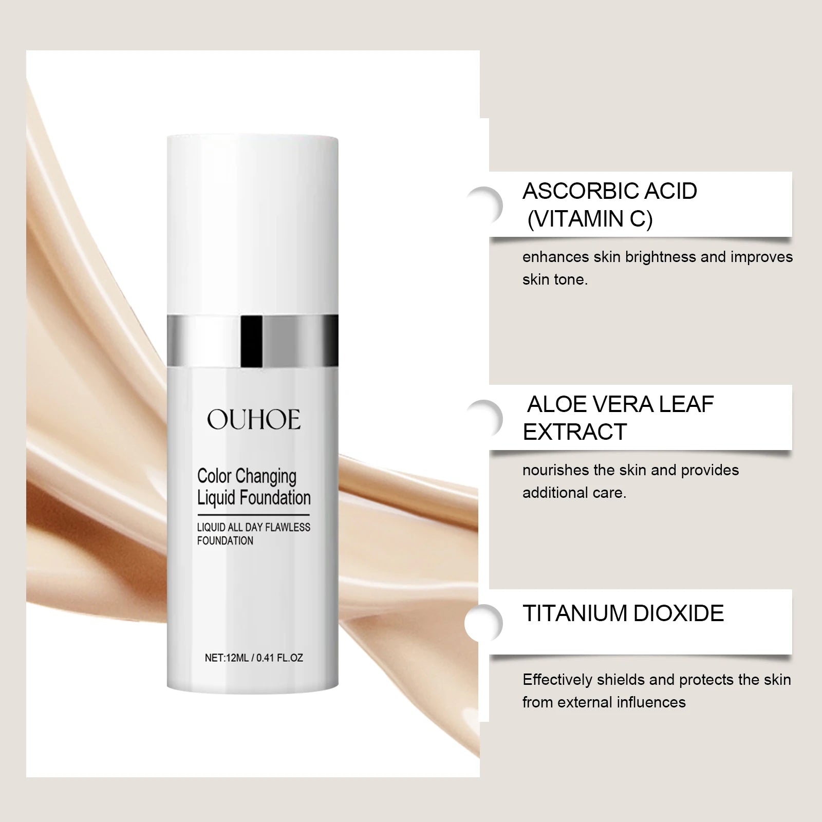 Color Changing Liquid Foundation Moisturizing Long Lasting No Creasing Waterproof Brightening Concealer Feamle Makeup Product