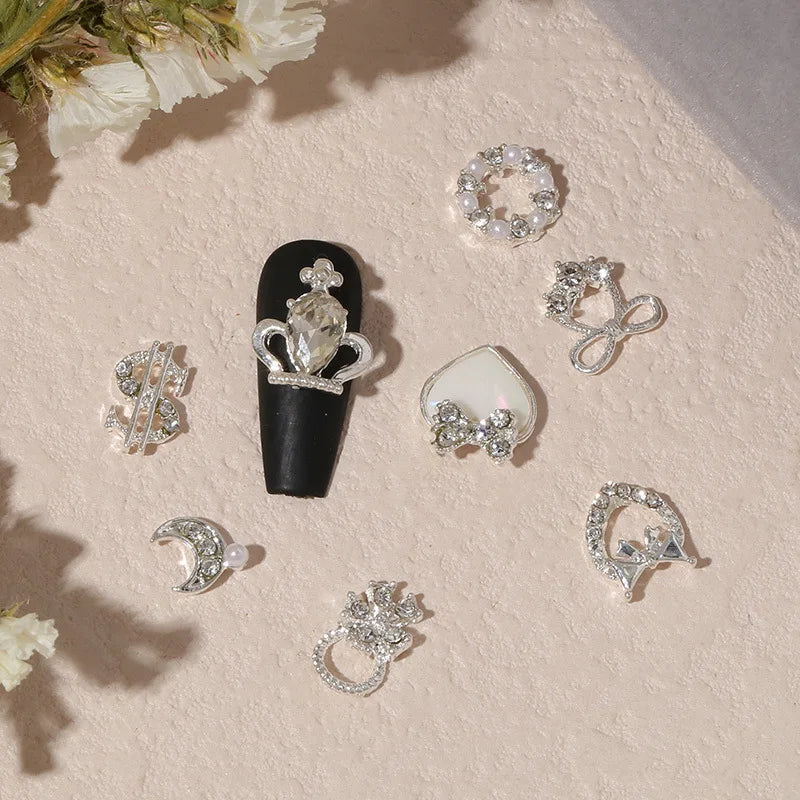 Mix 10/15pcs Shaped Rhinestones Nail Charm Silver Bowknot Nail Dangles Luxury Metal Heart 3D Nail Art Decoration Manicu