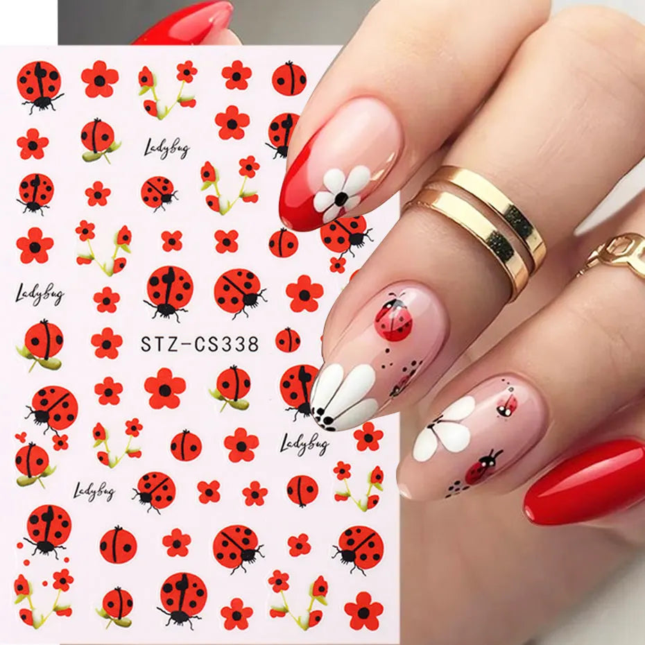 2pcs 3D Cartoon Ladybug Nail Stickers Cute Insect Red Petals Self-Adhesive Manicure Decal Lovely Flower Charms Foils Decor Nails