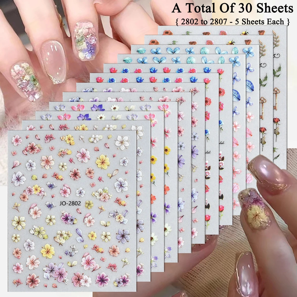 3 to 30 Sheets Floral Nail Stickers Watercolor Flower Petal Botanical Spring Garden Soft Pastel Self-Adhesive Nail Art Decals
