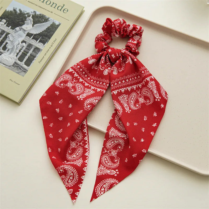 2023 Fashion Print Chiffon Long Ribbon Scrunchies Women Girls Ponytail Scarf Elastic Hair Bands Ties Hair Accessories Wholesale