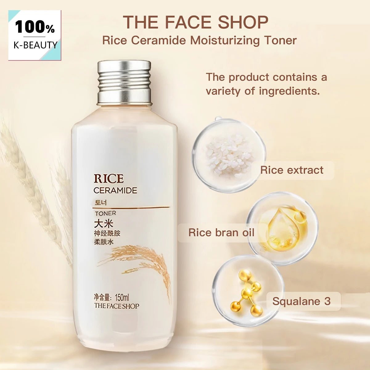 THE FACE SHOP Rice Ceramide Moisturizing Toner 150ml,Enhances Radiance,Lightweight Watery Texture,K-Beauty,Korean Makeup