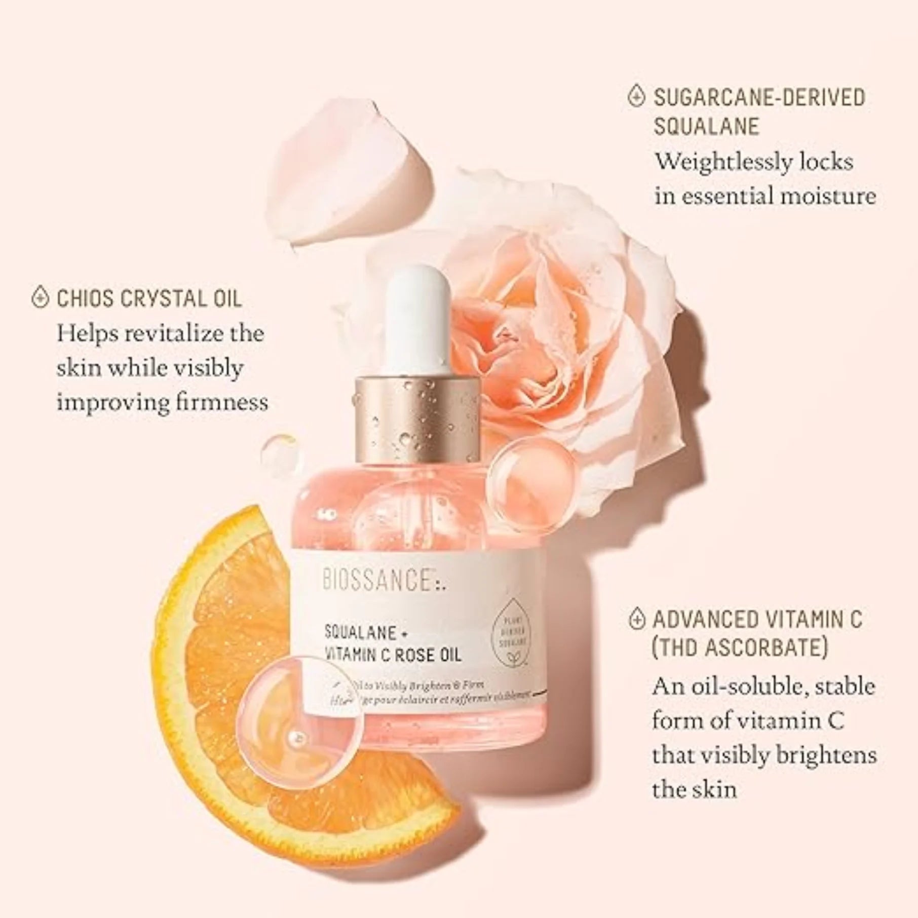 BIOSSANCE Squalane + Vitamin C Rose Advanced Facial Oil - Brightening, Firming, and Hydrating Serum for All Skin Types