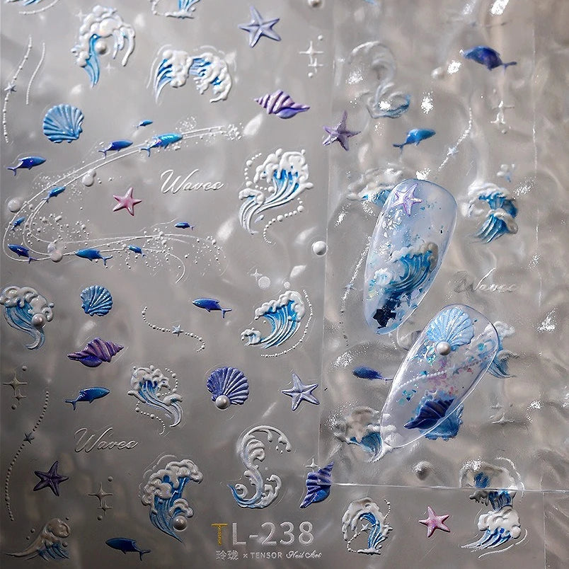 Sea Wave Jellyfish Starfish Conch Shell Dolphin Pearl Summer Beach Goldfish Water Bubble Mermaid Koi INS Nail Art Stickers Decal