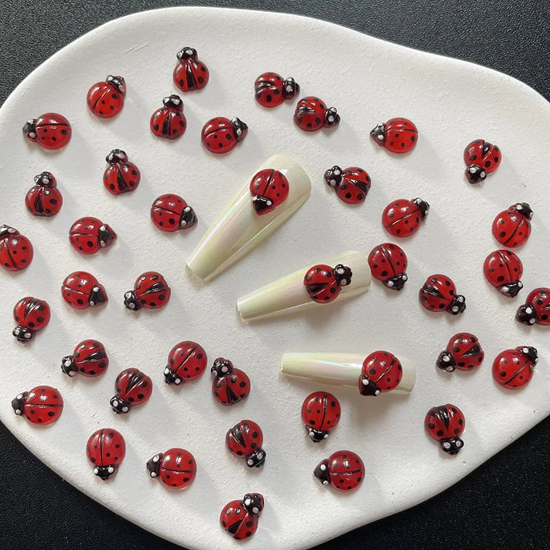 50Pcs Cute Insect Ladybug Nail Charms 3D Resin Ladybugs Nail Art Rhinestones 8*10mm Summer Manicure Decoration Ladybug DIY FT5*