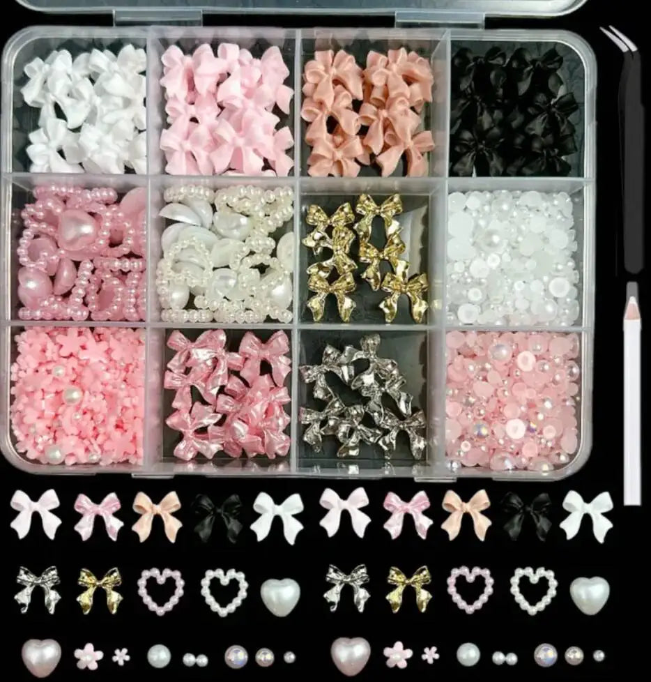 1 Box Pink White Series Bow Heart Nail Charms 3D Arcylic Nail Art Decorations Pearl 5-petal Flower Jewelry Manicure Accessories*