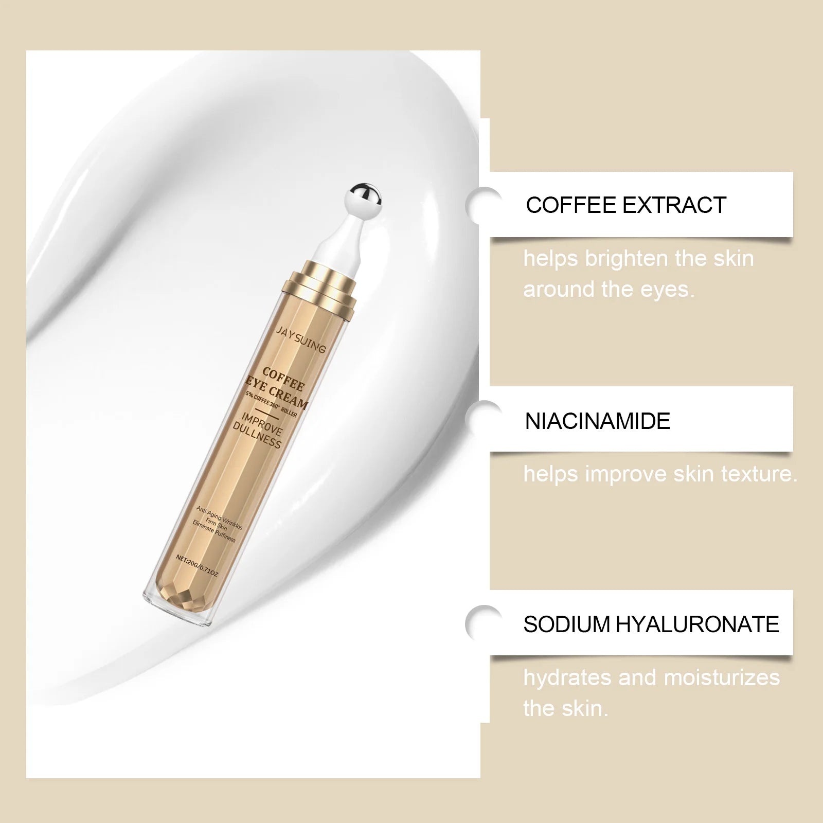 Coffee Eye Care Products Eye Cream with Roller Moisturizing Eye Mask Anti-Dark Circles Eye Serum for Puffiness Firming Hydration