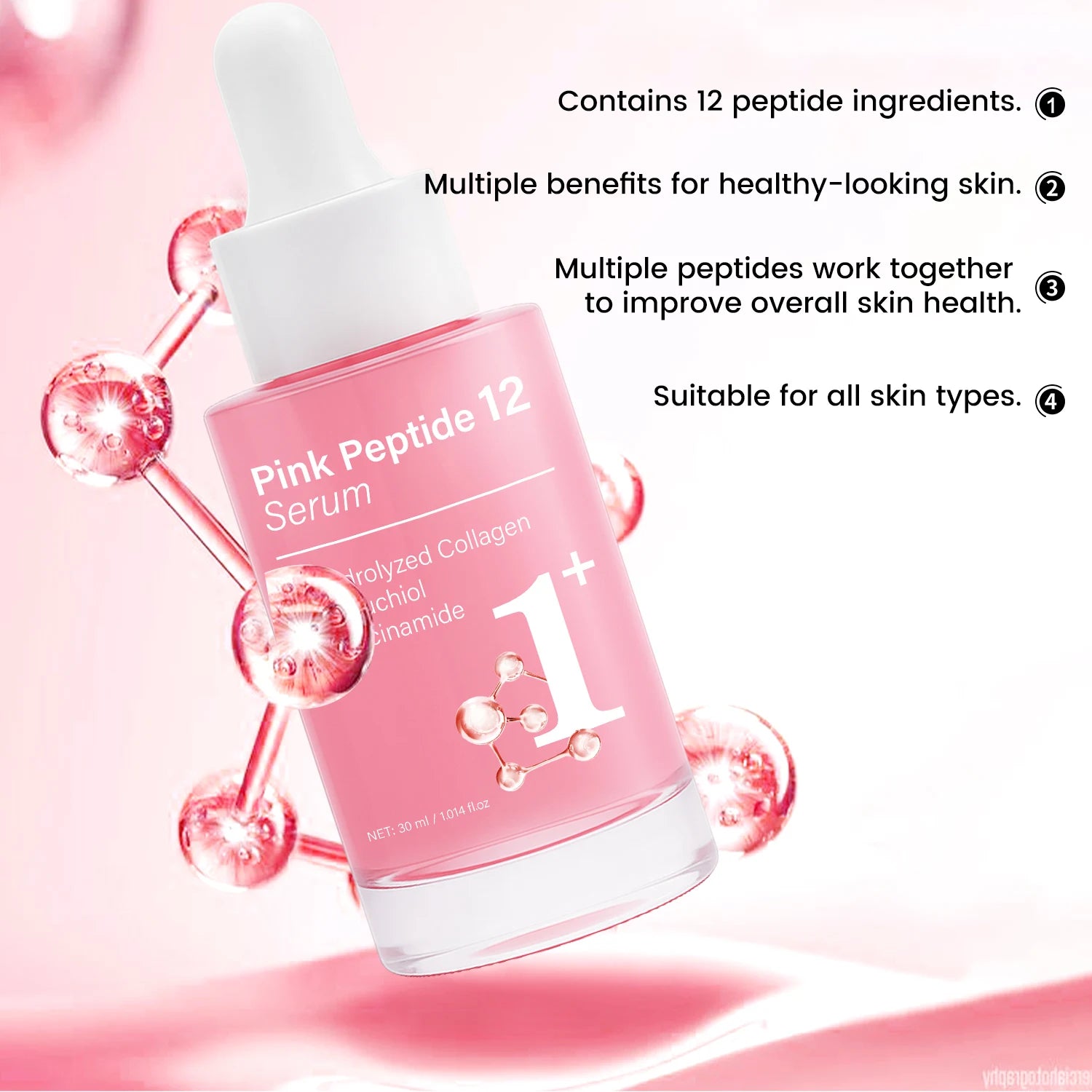 Pink Peptide 12 Serum with Bakuchiol & Niacinamide - Anti Aging Face Serum for Women - Hydrating & Firming 30ml
