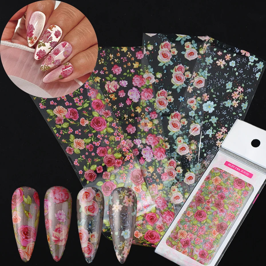 4Style Rose Flower Nail Foil Transfer Sticker - Elegant Flower Starry Sky Paper Spring/Summer Floral Decals for Wedding Nail art