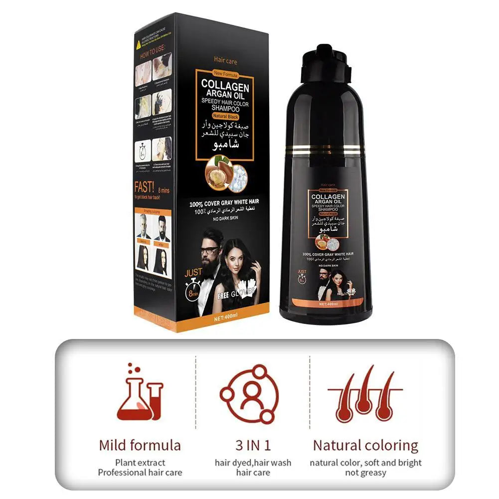 3-in-1 Collagen Argan Oil Shampoo Long-Lasting Black Hair Dye Shampoo for Men Women Nourishes Colors Gray Hair, 500ml Formula