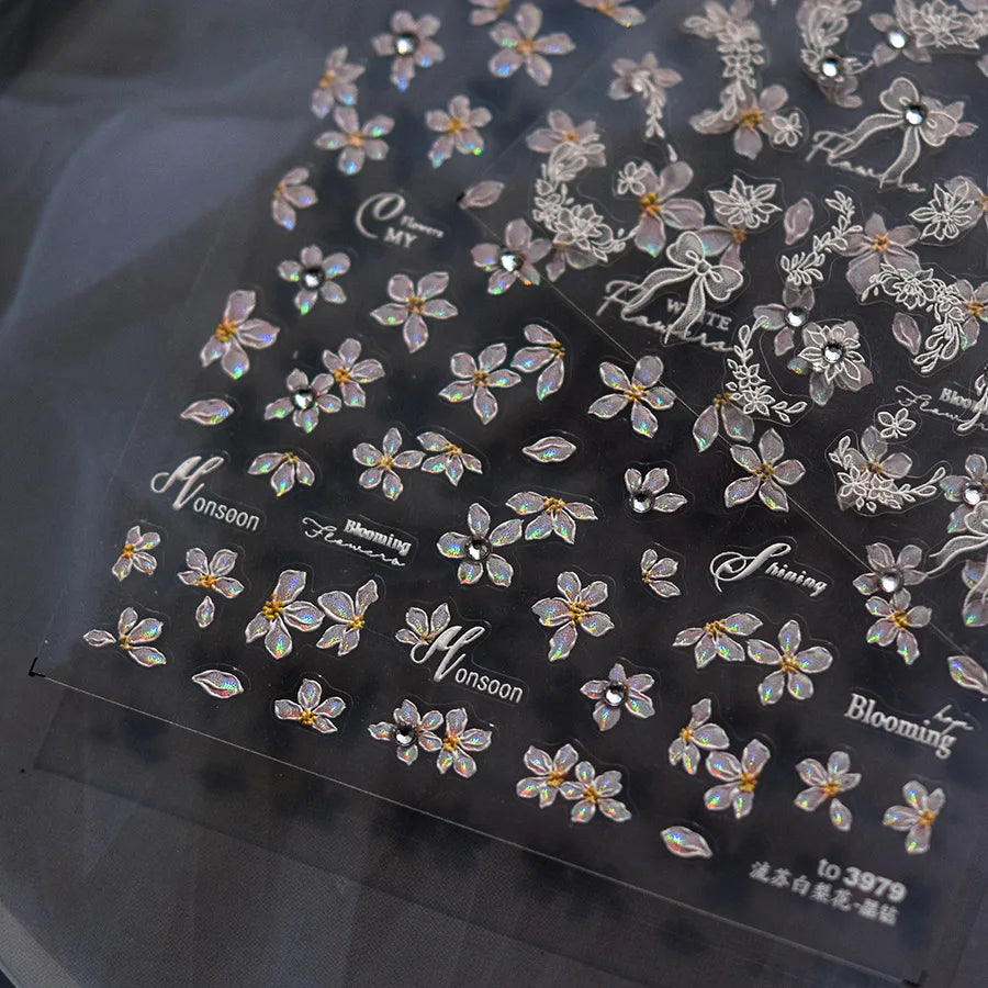 Elegant Flowers Nail Art Stickers 5D Crystal Diamond Nails Decorations Stickers Tassel White Pear Blossom DlY Autumn Nail Decals