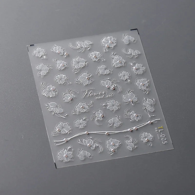 Elegant Flowers Nail Art Stickers 5D Crystal Diamond Nails Decorations Stickers Tassel White Pear Blossom DlY Autumn Nail Decals