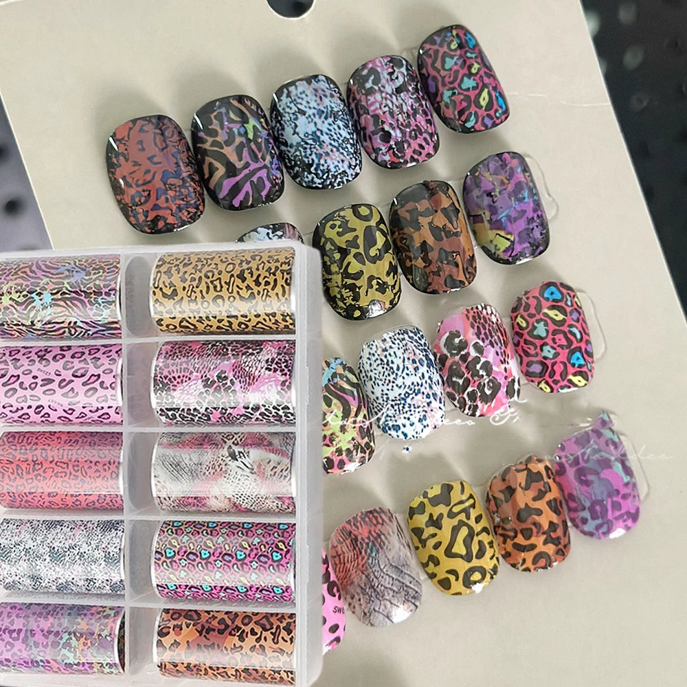 10Rolls 4*50cm Sexy Leopard Print Nail Foil Transfer Stickers Wild Animal Skin Decals Y2K Hot Girl Leopard Nail Art Decorations