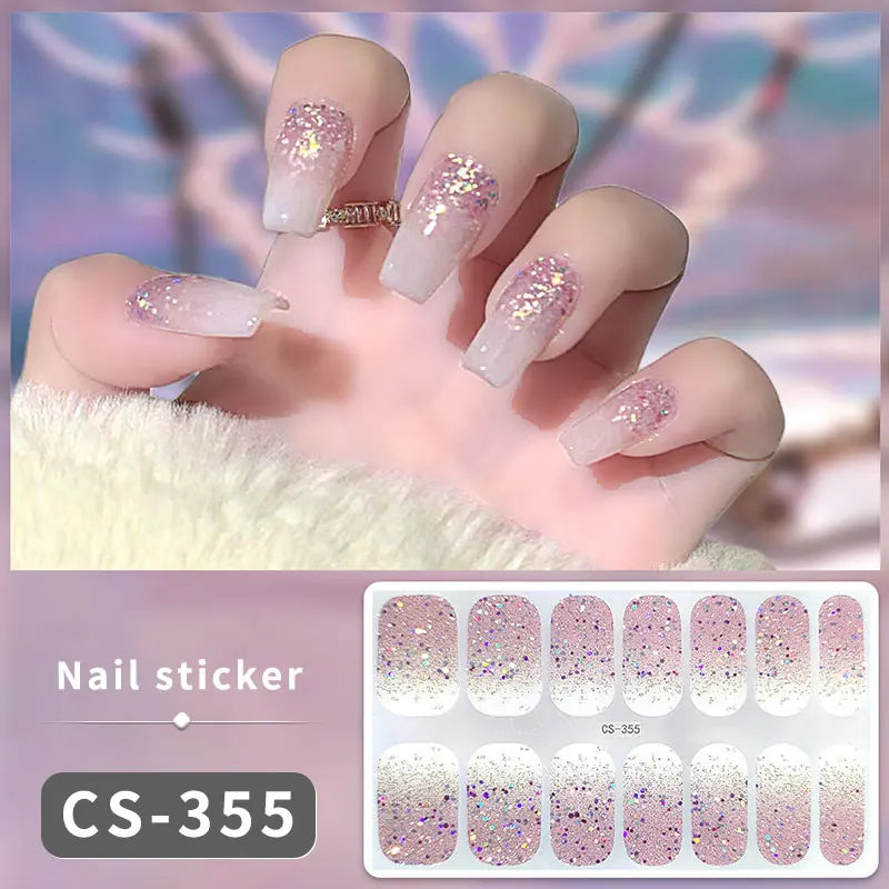 Pink Glitter Design Baking-free Nail Stickers French Style Solid Color Adhesive Full Cover Nail Strip Slider DIY Manicure Decals