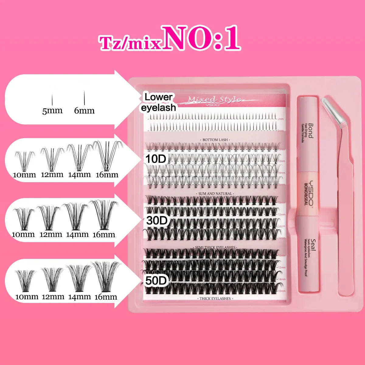 Lash Clusters Set DIY Lashes Extension Kit Individual Eyelash Kit 5-16mm Lash Clusters with Bond and Seal and Lash Applicator