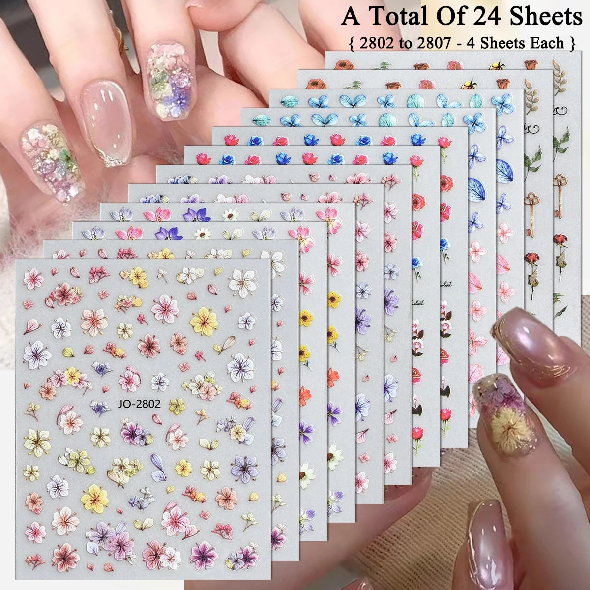 3 to 30 Sheets Floral Nail Stickers Watercolor Flower Petal Botanical Spring Garden Soft Pastel Self-Adhesive Nail Art Decals