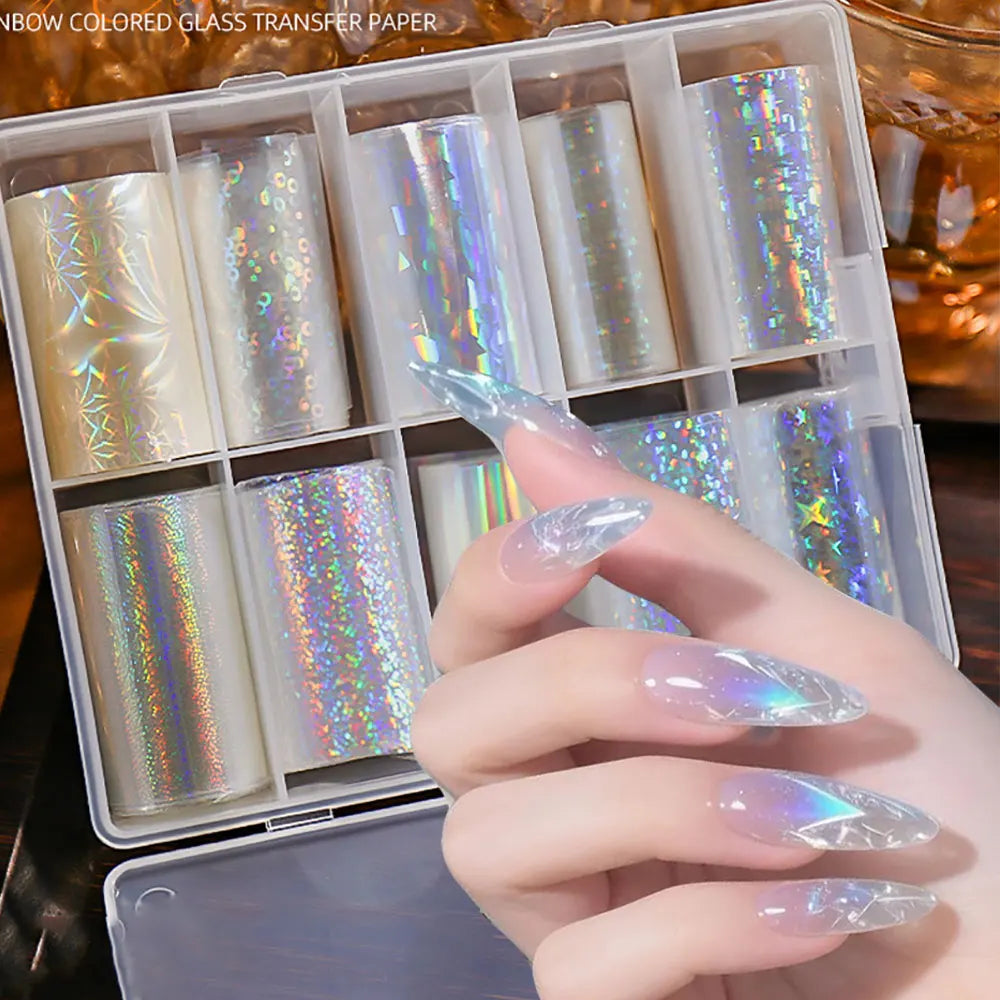 10Rolls Clear Laser Aurora Nail Foil Sticker Iridescent Holographic Glass Fragment Transfer Foil Decals 4x50cm Nails Decoration