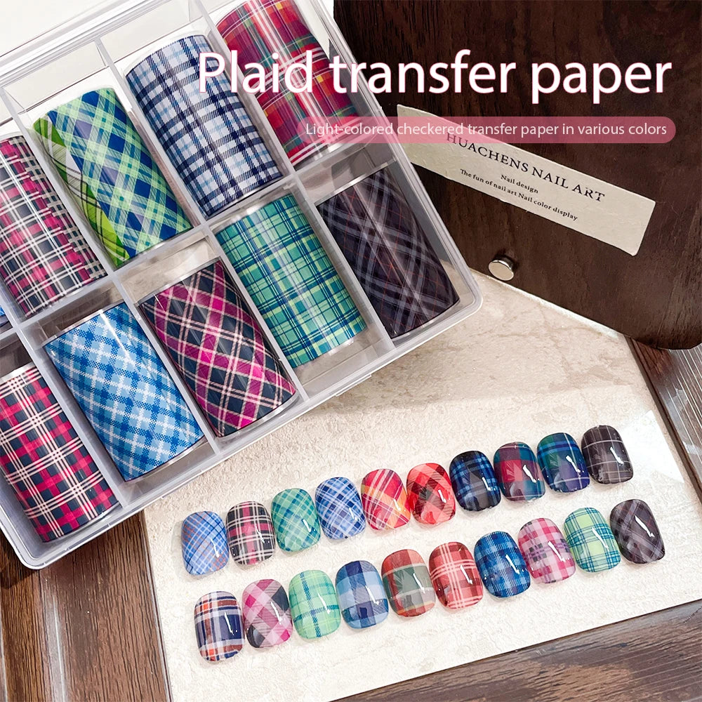 Kaniu 10Rolls Artistic Plaid Nail Transfer Foils Sweet Bohemian Nail Stickers Metallic Decals Manicure Design Fashion Nail Art