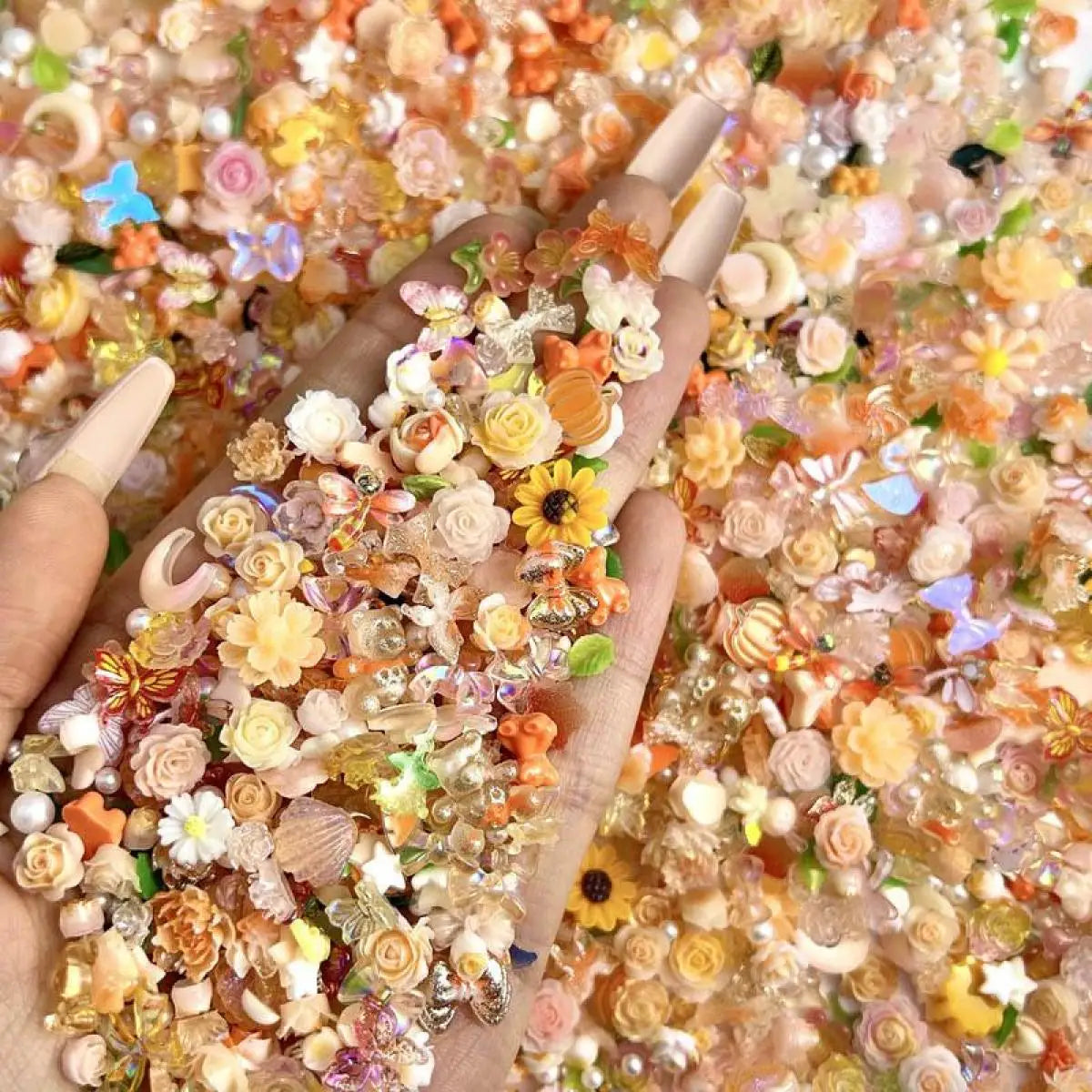 Random Mixed Orange Series Flower Butterfly Nail Charms 3D Resin Sunflower Bear Bow Nail Art Decorations Manicure DIY Supplies