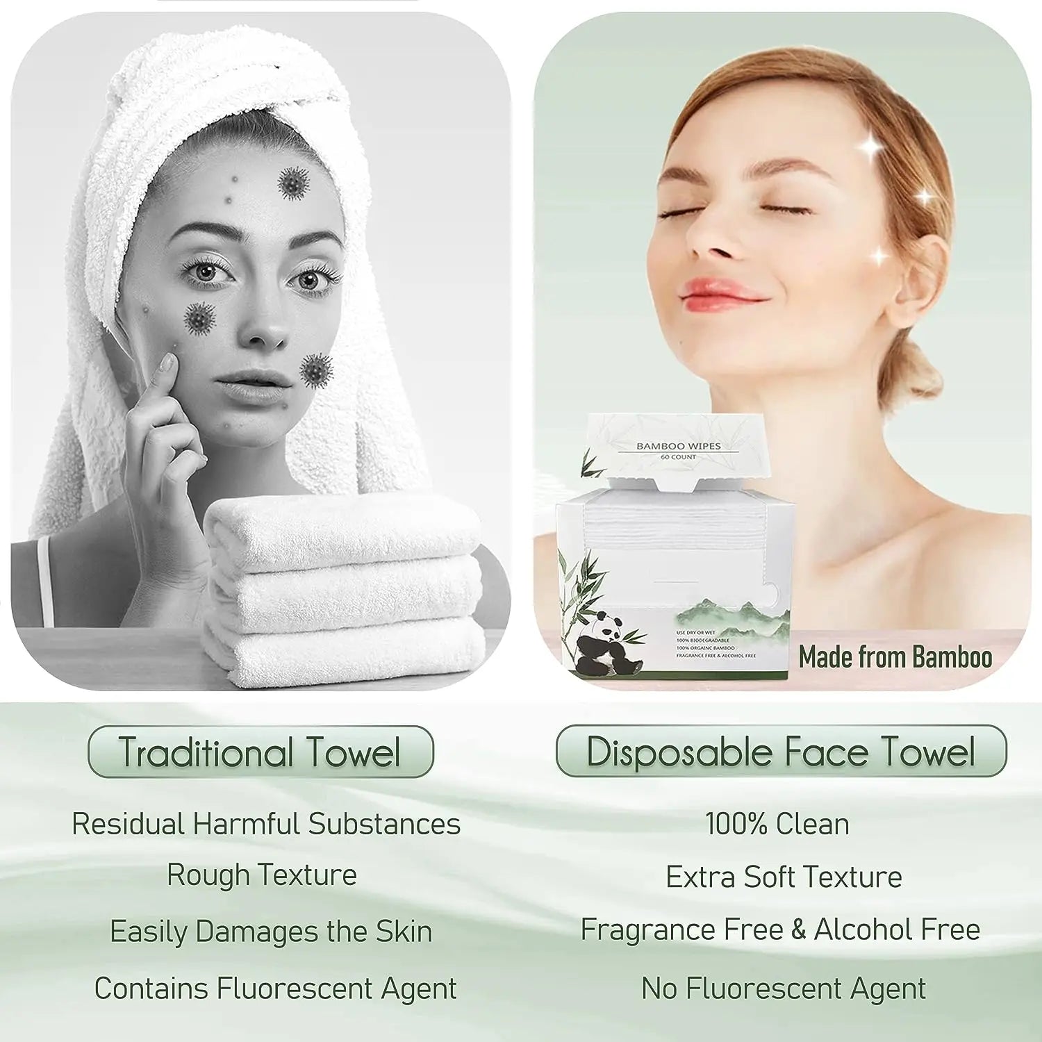 Bamboo Disposable Face Towel Biodegradable Large Dry Face Wipes 60 Count Thick Clean Facial Towel for Sensitive Skin 12x10 inch