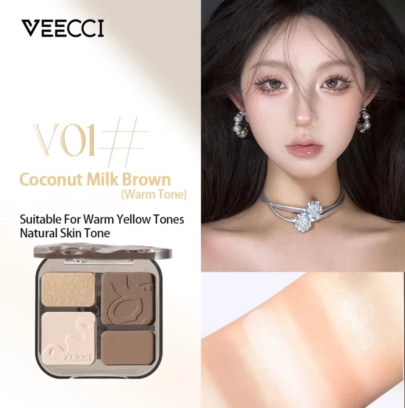 VEECCI 4 Color Contour Palette Powder Matte Shimmer Bronzer Highlighter Brighten Nude Tones Longlasting Facial Makeup