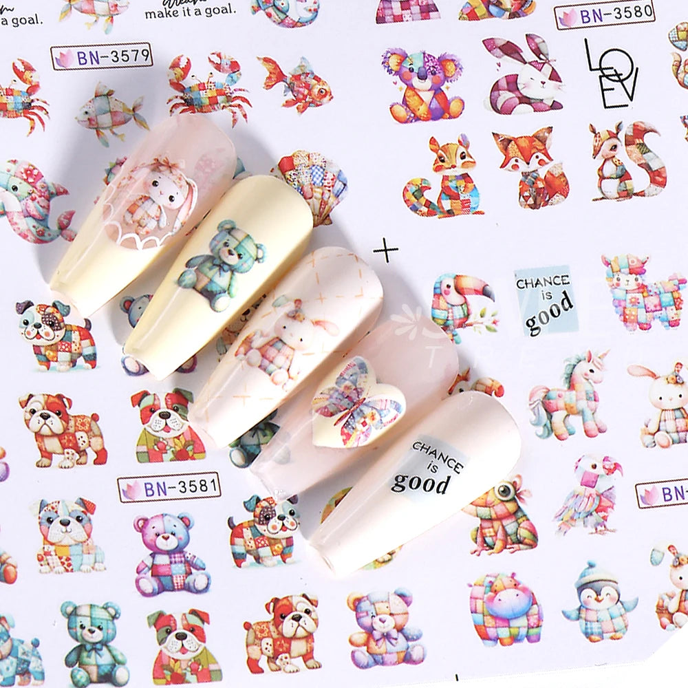 12 Design Ink Flowers Water Transfer Nail Stickers Decals Patchwork Animal Bear Nail Sliders for Women DIY Manicure Decorations